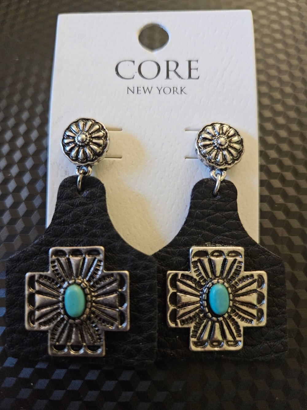 CORE New York Black Leather & Turquoise Concho Earrings